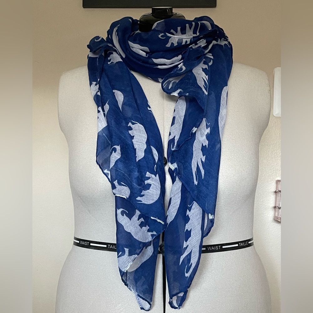 3/$15 Elephant Patterned Sheer Scarf Blue and White